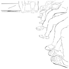 Simple Hand Draw Skecth Foot of queue sitting people at indoor customer service