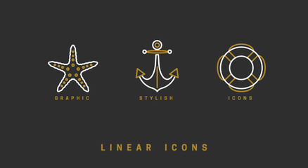 Set of vector, nautical icons. Linear illustrations