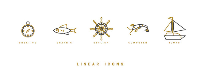 Set of vector, nautical icons. Linear illustrations