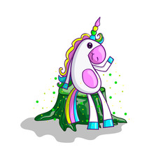 Cute unicorn on stump in cartoon style