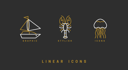 Set of vector, nautical icons. Linear illustrations