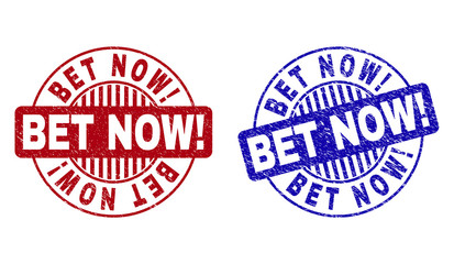 Grunge BET NOW! round stamp seals isolated on a white background. Round seals with grunge texture in red and blue colors. Vector rubber overlay of BET NOW! text inside circle form with stripes.
