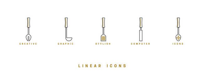 Icons Kitchen tool in linear style. set icon cutlery vector graphics