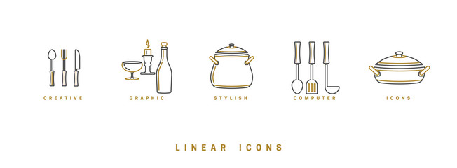A set of vector images of dishes, tools, isolated in a linear style, icons.