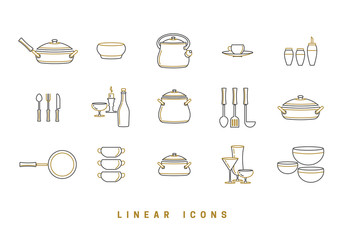 A set of vector images of dishes, tools, isolated in a linear style, icons.
