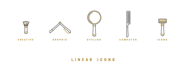 Obraz premium Icons barbershop in linear style. set of tools for hair care, comb brush, scissors. hairbrush icon vector graphics