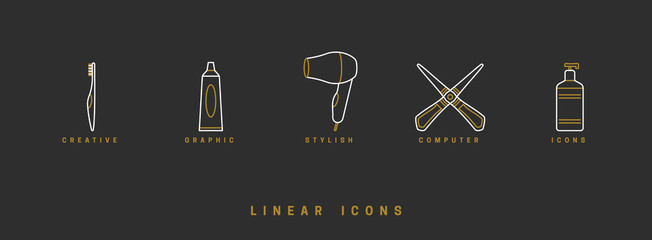 Icons barbershop in linear style. set of tools for hair care, comb brush, scissors. hairbrush icon vector graphics - obrazy, fototapety, plakaty