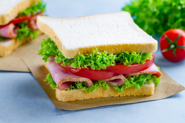 Homemade sandwich with ham, toast bread and fresh vegetables