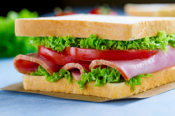 Homemade sandwich with ham, toast bread and fresh vegetables close up on blue background