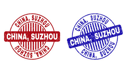 Grunge CHINA, SUZHOU round stamp seals isolated on a white background. Round seals with distress texture in red and blue colors. Vector rubber imitation of CHINA,