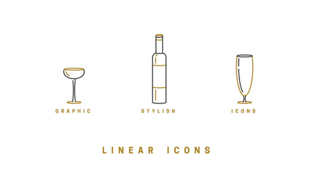 set icon wine glasses and bottle in linear style
