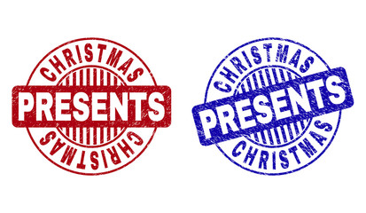 Grunge CHRISTMAS PRESENTS round stamp seals isolated on a white background. Round seals with grunge texture in red and blue colors.