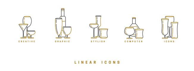set icon wine glasses and bottle in linear style