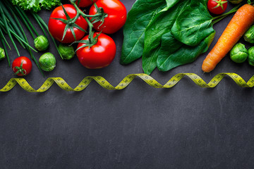 Ripe vegetables for cooking fresh salad and healthy dishes. Proper nutrition, clean balanced food. Diet concept. Fitness eating and losing weight. Copy space