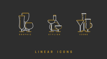 set icon wine glasses and bottle in linear style