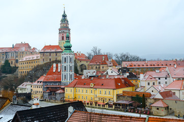Top view of castle and historic center of Cesky Krumlov, Czech Republic