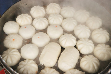Hot Steamed buns are sold in the market.