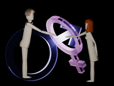 Mann gibt einer Frau dominierend die Hand (Symbole m&auml;nnlich und weiblich im Hintergrund) - 3D Illustration