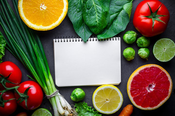 Fresh, ripe vegetables and fruits for a healthy, balanced diet. Proper nutrition and fiber food. Copy space. Diet plan and control food.