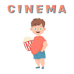 Boy with popcorn in hands. Cute little boy with a happy smile, holding a bucket of popcorn. Vector cartoon style illustration