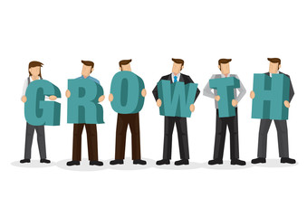 A group of businesspeople holding giant alphabet to form the word growth. Concept of collaboration, teamwork or corporate culture. Isolated vector illustration.