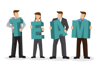 A group of businesspeople holding giant alphabet to form the word team. Concept of collaboration, teamwork or corporate culture.