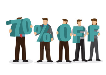 Group of business people holding giant alphabet to form 70 percentage off. Concept of promotion, teamwork or discount. Cartoon isolated vector illustration.