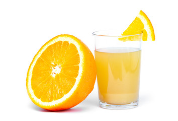 Isolated glass of fresh orange juice and half a ripe orange on a white background