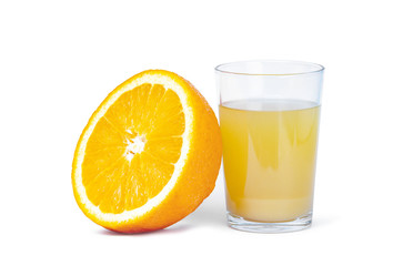 Isolated glass of fresh orange juice and half a ripe orange on a white background
