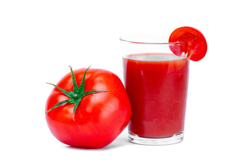 Isolated glass of fresh tomato juice and one single ripe tomato on a white background