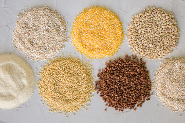 Grain crop, cereals. The concept of a healthy diet, vegetarian. Close up. The view from the top.