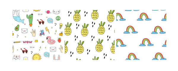 Set of three seamless patterns. Various doodle elements, pineapples and rainbows. Hand drawn colored vector illustration. Flat design. Trendy style. Every pattern is isolated