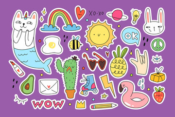 Summer mood. Various doodle elements. Hand drawn colored vector set. Flat design. Trendy style. All elements are isolated. Pre made stickers. Purple background