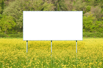 Blank commercial advertising billboard immersed in a rural scene against a yellow flowery field - image with copy space