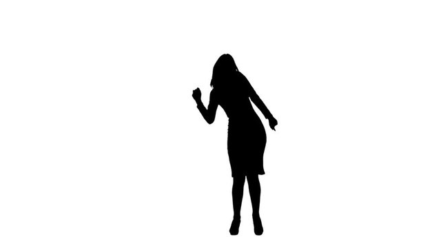 Woman is alone dancing to the music. White background. Silhouette