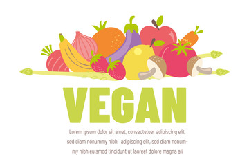 Colorful vegan banner with flat vegetable icons. Vector illustration
