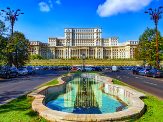 Famous Parliament house in Bucharest capital in a beautiful sunny  day of spring in Romania