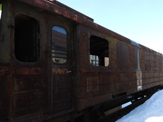 Old open-air steam locomotive Pereslavl Museum in winter, Russia.