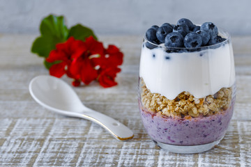 Granola with yogurt and blueberries