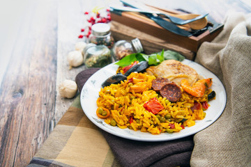 Prawn with rice - closeup of prawn with rice - traditionnal spanish food paella