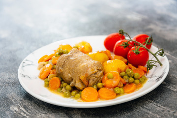 Beef meat stewed with potatoes-Traditional French cuisine Beef Bourguignon potatoes carrots in persillade