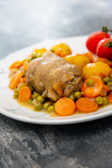 Beef meat stewed with potatoes-Traditional French cuisine Beef Bourguignon potatoes carrots in persillade