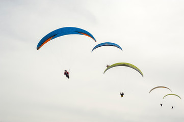 Group of paraglider flying in the blue sky against the background of clouds. Paragliding in the sky on a sunny day.