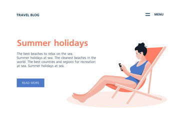 Obraz premium Woman sitting in a lounge chair on a white background. Summer holidays in the southern resorts. Vector flat illustration