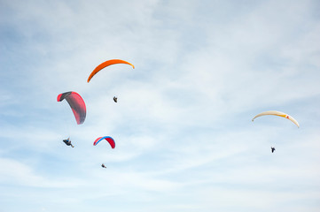 Group of paraglider flying in the blue sky against the background of clouds. Paragliding in the sky on a sunny day.