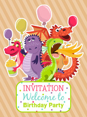 Obraz na płótnie Canvas Baby dragons poster, invitation card vector illustration . Cartoon funny dragons with wings. Fairy dinosaurs with pop corn and baloons. Welcome to birthday party. Dragon breathing fire.