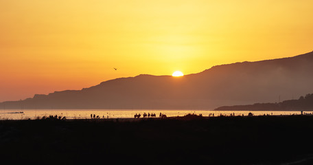 Evening landscape on the shores of the ocean. Sunset. Silhouettes of mountains, people, horses, fishermen, birds, boats.
