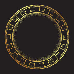 Antique greek style gold meander ornanent hand drawn line art and dot work round frame design vector illustration.
