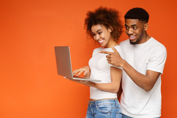 Attractive couple planning their trip with laptop