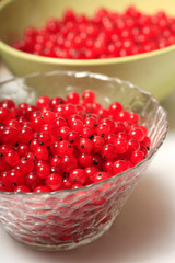 Fresh red currants in bowls close up